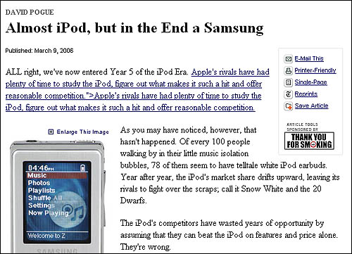 삼성전자 Z5와 애플의 아이팟나노를 비교 평가한 미국 뉴욕타임스(NYT)의 9일치 인터넷판 기사. 